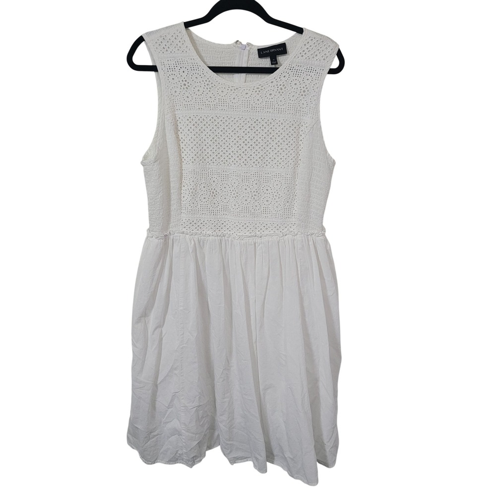 Lane Bryant 18 Eyelet Lace Smocked Sleeveless Cotton Dress White Plus Size